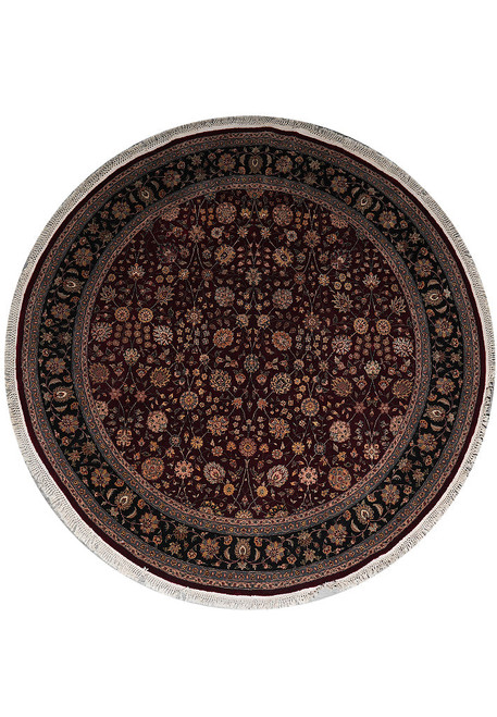 Full overhead view of 7' x 7' round Oriental rug with ruby red field and black border