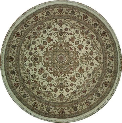 Full view of 9'2" x 9'2" round ivory wool and silk rug with floral medallion
