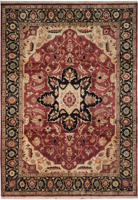 Burgundy Serapi Chobi rug with black star medallion, ivory spandrels and floral black border, full view