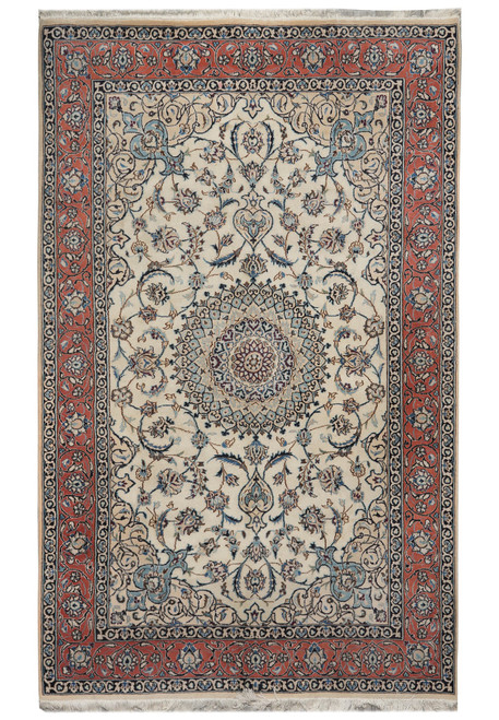 Full overhead view of 6'6" x 10' Persian Tabriz rug, ivory field, coral floral border