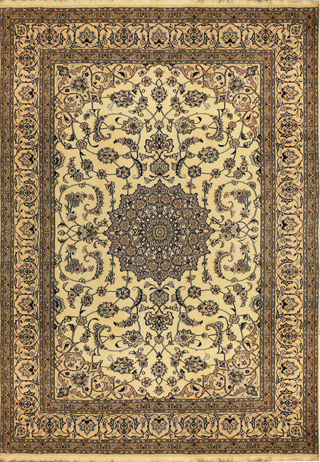 8'1" x 11'3" Persian Nain rug, ivory field with slate blue radiating medallion and camel border