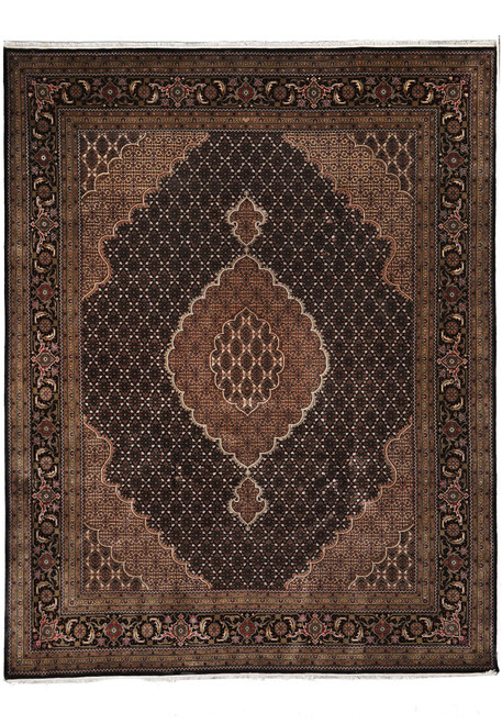 Black Mahi fish design area rug with tan medallion and dark floral border, full view