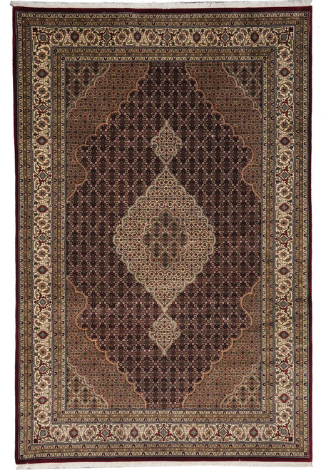 Full overhead view of 6'7" x 9'10" burgundy Tabriz Mahi rug with ivory medallion