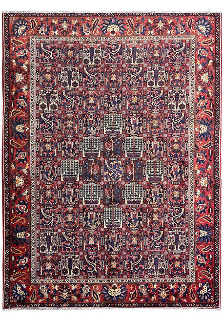 Full overhead view of 9'5" x 12' Persian Bakhtiar rug with red border and garden panels