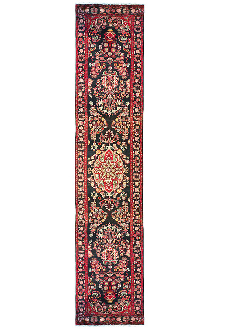 3'7" x 18'5" Persian Sarouk runner shown flat with black field, red medallion and floral border