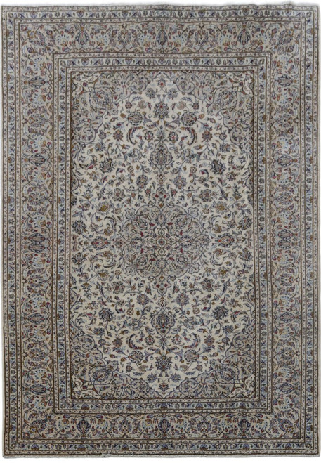 Ivory 8'2" x 11'8" Persian Kashan rug with all-over floral field and layered floral borders