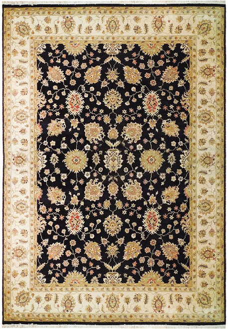 9' x 12' Chobi rug with black floral field framed by a wide ivory border