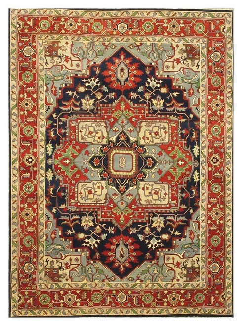 Navy and coral Serapi rug with ivory main border, hand-knotted wool geometric medallion design
