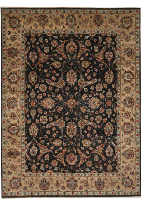 Charcoal black Jaipur wool rug with camel gold floral border and rust palmettes, full overhead view