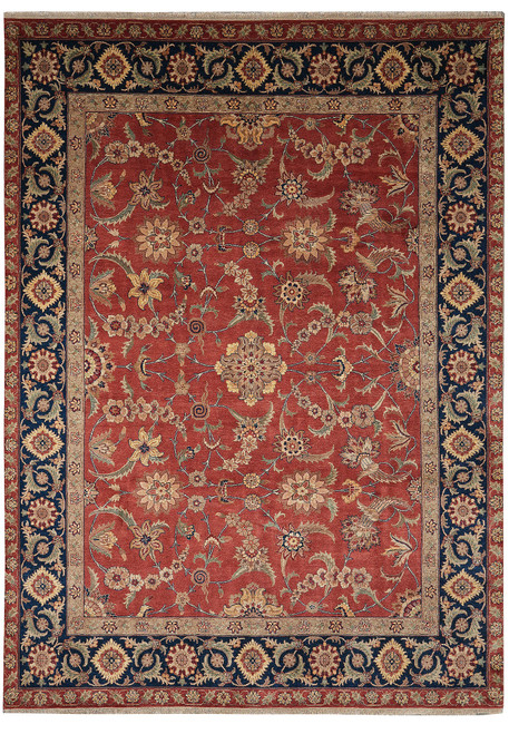 Overhead view of 8'7" x 11'8" Jaipur rug with brick red field and navy floral border