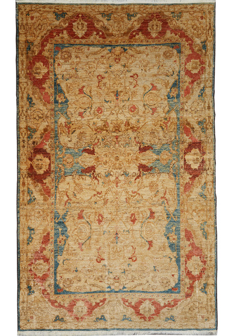 Gold and beige Ziegler Chobi rug with coral border and teal vine scroll design
