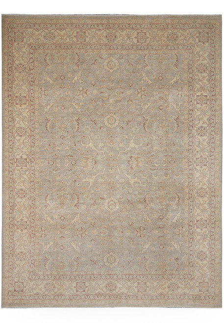 9' x 11'9" Chobi Ziegler rug with sage gray green field and ivory floral border
