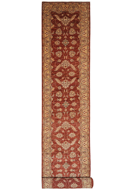 Full view of 2'7 x 18'3 Ziegler Chobi runner with rust field and gold border