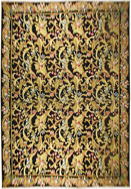 Older overview scan of 8'8" x 11'9" black needlepoint rug with golden acanthus scrollwork all over