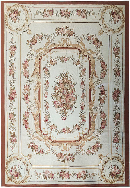 Ivory 9 x 12 Aubusson flat weave rug with pink rose medallion and rust brown border