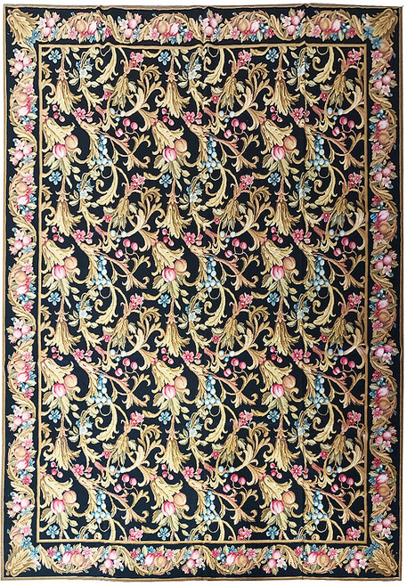 Black field English Garden needlepoint rug with gold acanthus scrolls, rose tulips and blue berries