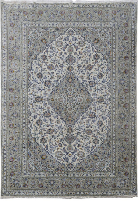 Ivory field Persian Kashan rug with sage border, navy floral vines and taupe central medallion