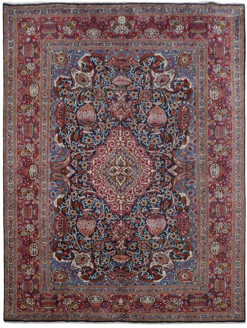 9'9 x 12'10 Persian Kashmar rug shown flat, navy floral field framed by red vase border