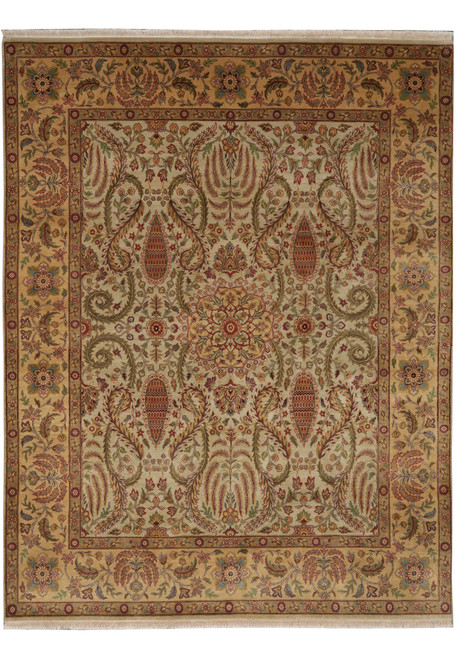 Ivory field rug with gold floral border, rust paisley botehs and olive green leafy vines
