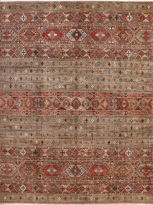 8'10 x 11'11 Soltani Ziegler rug shown flat, banded brown field with rust tribal medallions