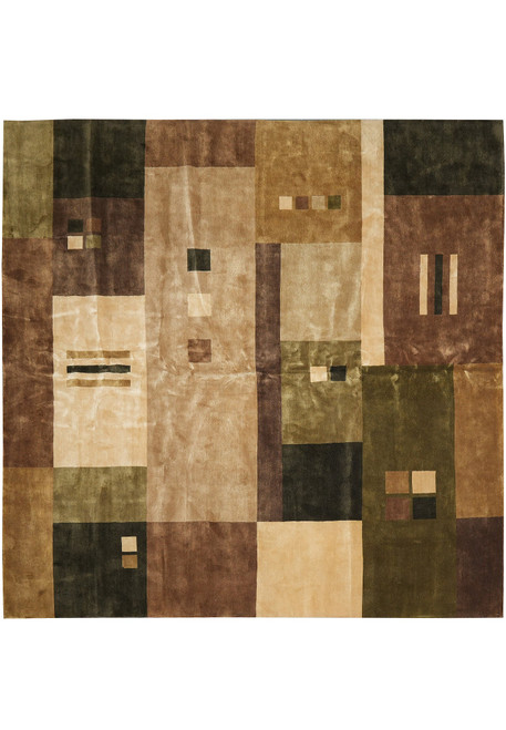 Full overhead view of 12' x 12' square modern wool rug in olive, brown and beige blocks