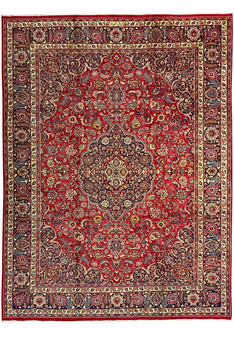 9'7" x 12'8" Persian Kashan rug shown flat overhead with burgundy field and navy floral medallion