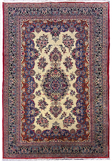 Ivory field Persian Qazvin rug with navy floral medallion and blue scrolling border, 5x7 size