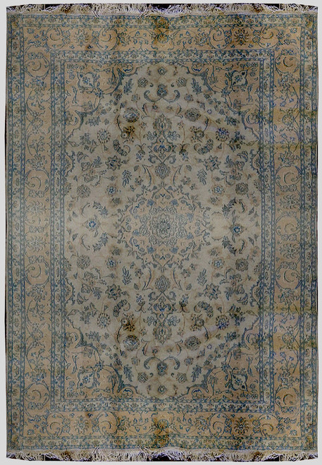 Overhead full view of cream Persian Tabriz rug with pale blue floral medallion and ivory border