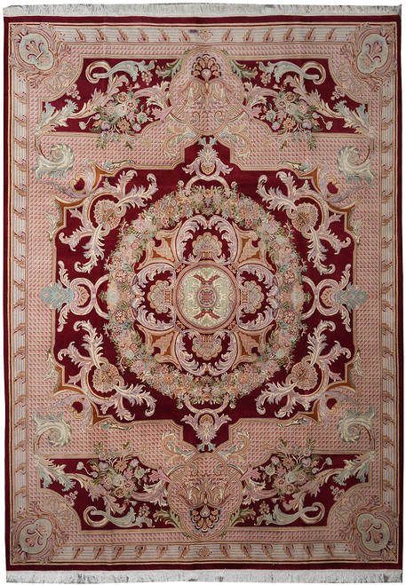 9'2" x 12' Chinese Savonnerie rug shown flat with burgundy field and ornate pink medallion