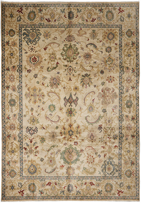 Beige Ziegler rug with green and rust floral all-over design and slate blue borders