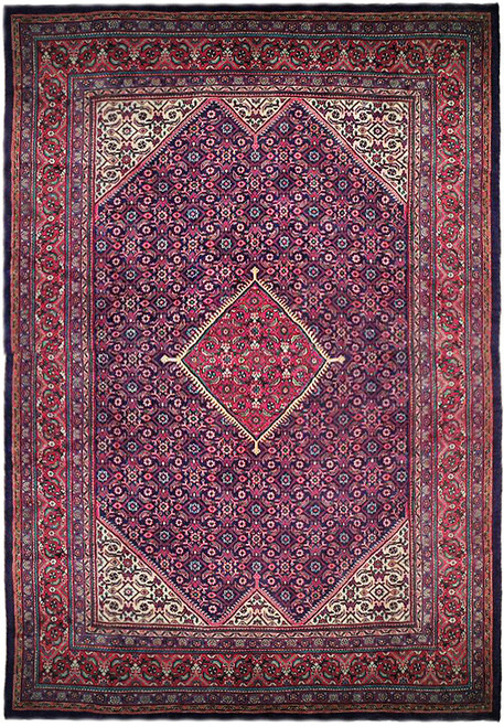 Dark indigo Herati field with salmon diamond medallion and ivory corner spandrels, full overhead view