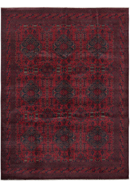 Full overhead view of deep red Afghan Khal Mohammadi rug with rows of navy gul medallions