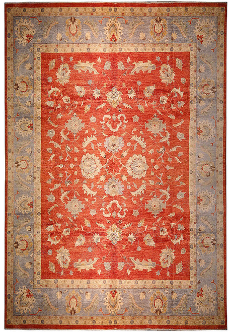 Overhead view of the 9'1" x 12' Ziegler Chobi rug with coral red field and blue border