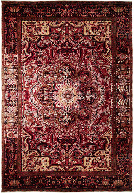 8x12 Persian Heriz rug shown flat, deep red field, ivory spandrels, graphite black floral border