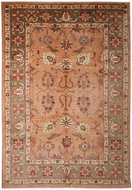 Dusty rose Ziegler Chobi rug with olive green floral border and ivory guard stripes
