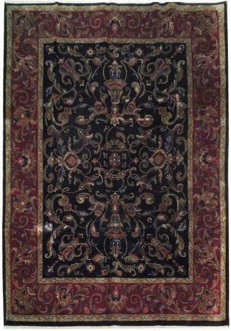 Overhead view of 9' x 12'2" black Jaipur rug with burgundy scrolling vine border