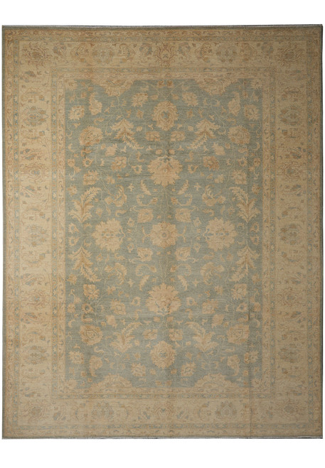 Full overhead view of 9'1" x 11'9" Ziegler Chobi rug with teal field and beige border