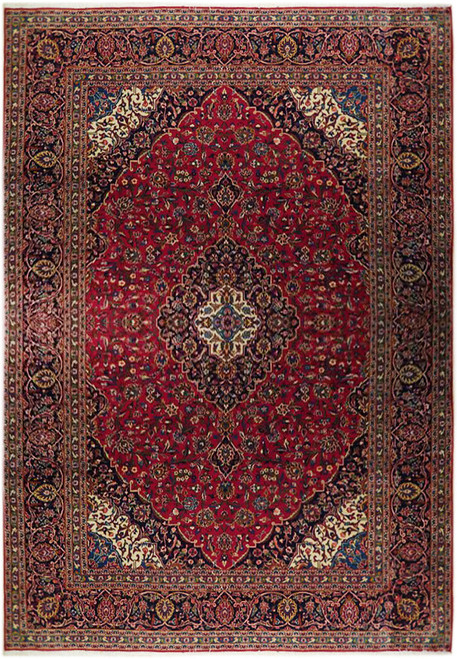Deep red Persian Kashan rug with navy lobed medallion, ivory spandrels and dense floral field