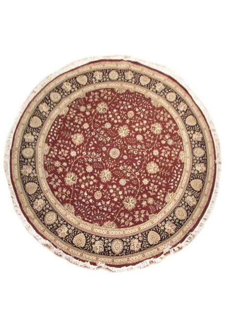 Round 8x8 wool and silk rug with burgundy red floral field and black floral border