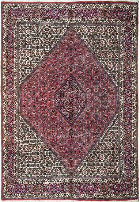 Red and ivory Persian Bijar rug with diamond medallion and Herati fish pattern field