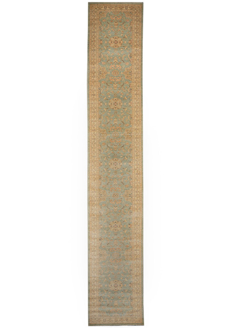 2'3" x 18' Chobi Ziegler runner rug shown flat with soft green field and gold border