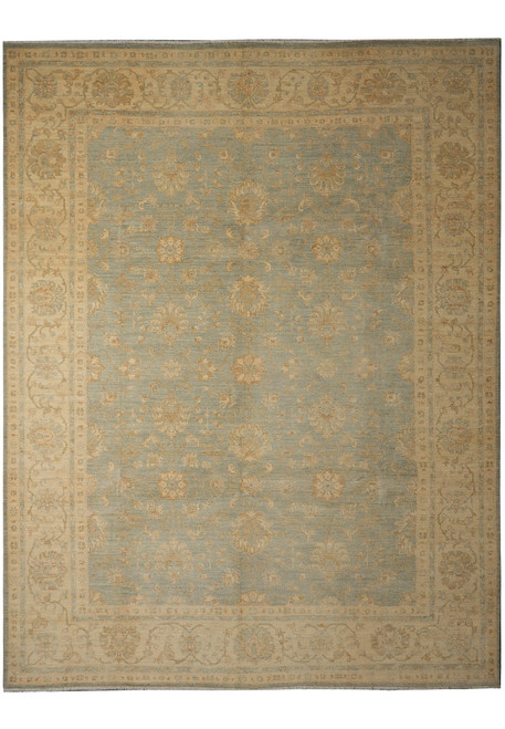 Full overhead view of 8'10" x 11'2" Ziegler Chobi rug, teal green field, ivory border