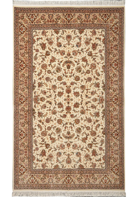 Ivory all-over floral Sino Tabriz rug with tan cartouche border and cream fringe