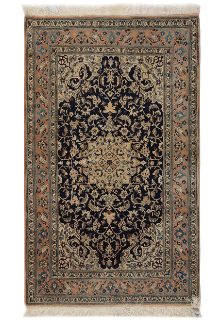 Full view of 3'7" x 5'2" Persian Isfahan rug with midnight blue field and salmon bird border