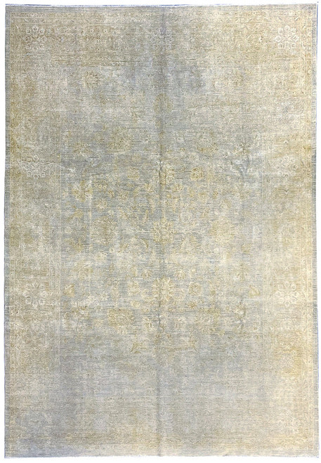 Overhead view of 10' x 13'8" Chobi Peshawar Ziegler rug with soft light green field