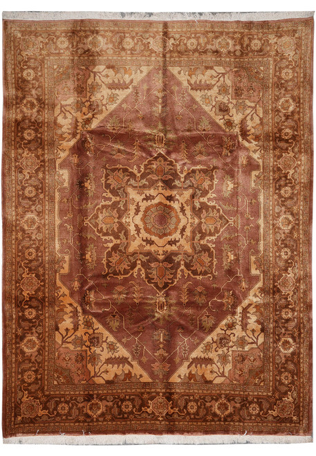 8'8" x 11'4" Persian Heriz rug shown flat, brown field, beige star medallion, rust floral border