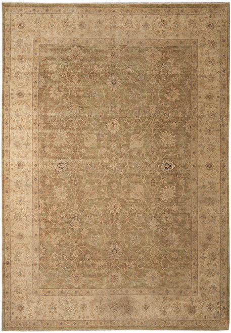 9' x 11'7" Ziegler Peshawar rug with olive sage green field and wide ivory floral border