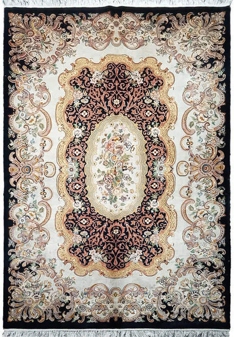 Black and ivory Aubusson rug with oval rose bouquet medallion, gold shield frame and scrolled border