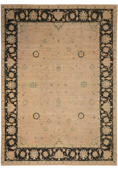 Tan and peach Agra design Oriental rug with charcoal black floral border, 9x12 hand-knotted wool