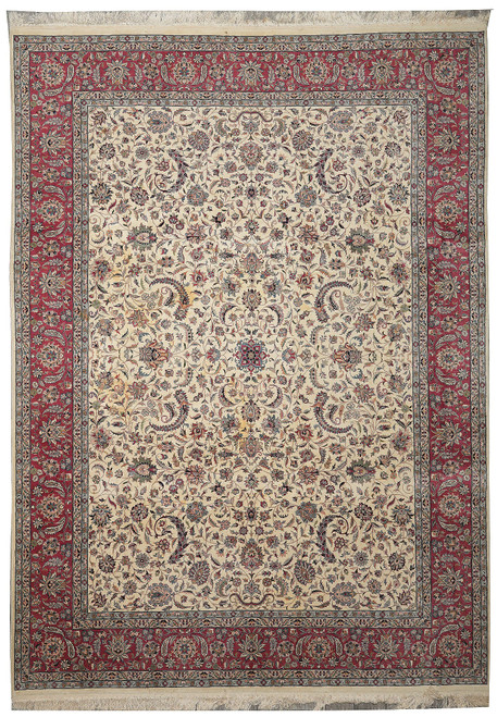 Full overhead view of ivory field Kashan design Oriental rug with deep red floral border